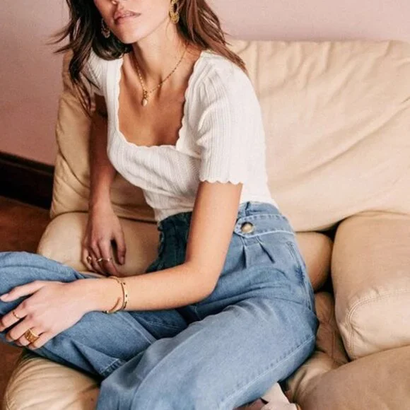 Sezane Anil Jumper Medium Ecru Cream Ivory Top Short Sleeve Sweater Knit French - Picture 3 of 13